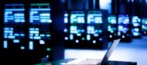 smiling tech expert running analysis blade servers helping businesses manage databases host websites store files system administrator auditing data center equipment