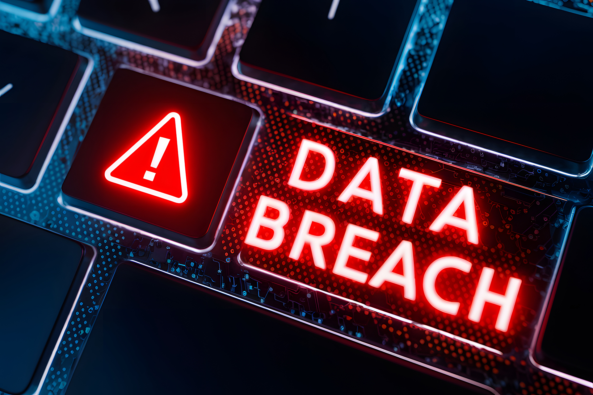 digital keyboard with red data breach warning cybersecurity threat backdrop